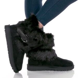 UGG Classic Buckle Mini Black Faux Fur Suede Ankle Boots Short Booties Womens 11